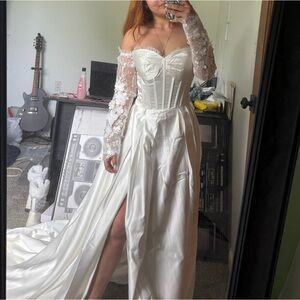 White Embellished Sweetheart Gown with Bishop Sleeves